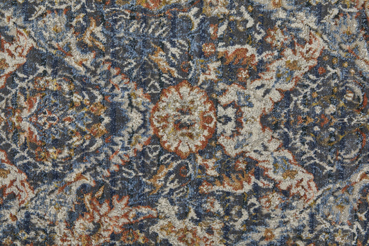 8' X 10' Blue Orange And Ivory Floral Power Loom Area Rug With Fringe