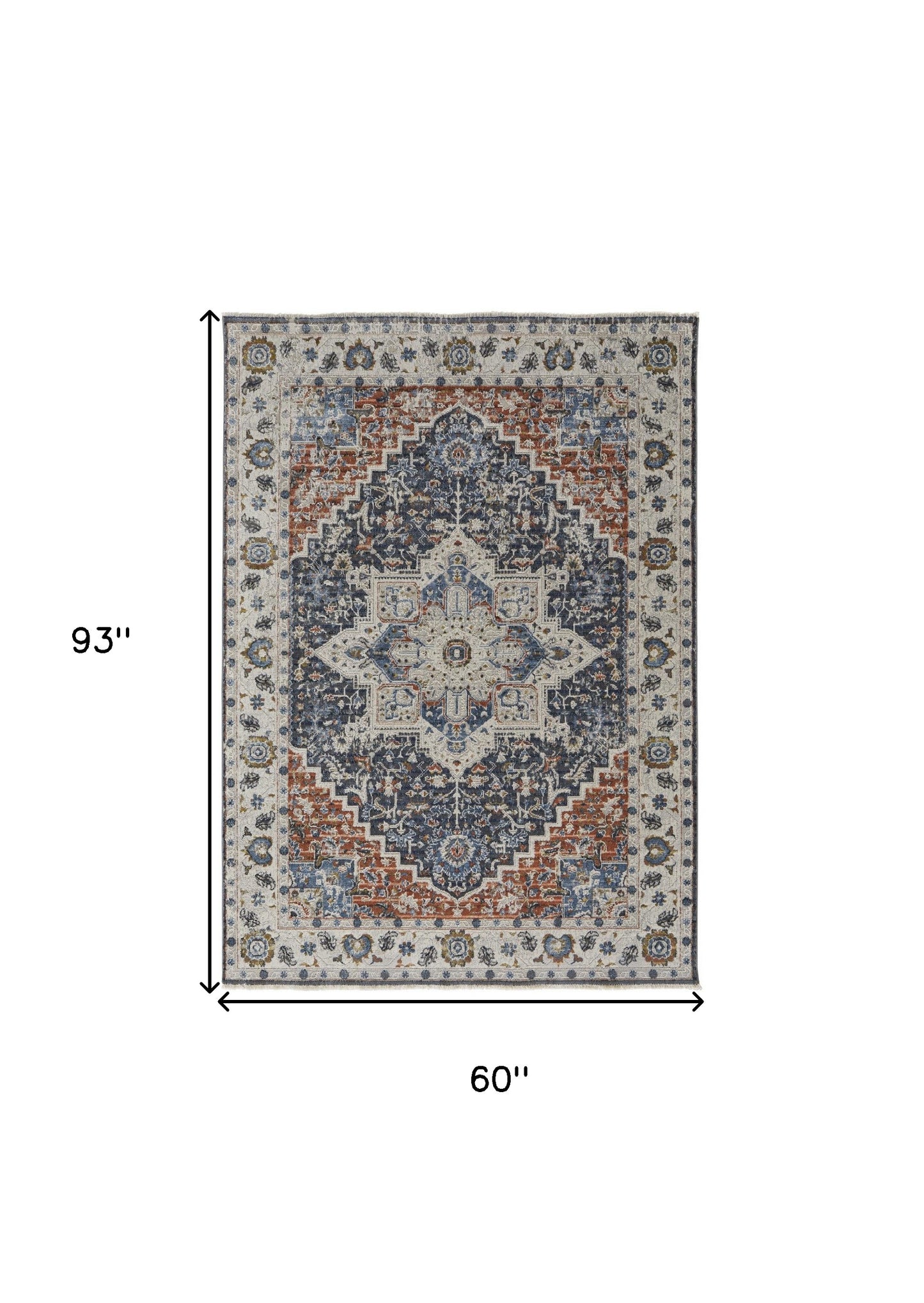 5' X 8' Ivory Blue And Red Floral Power Loom Area Rug With Fringe