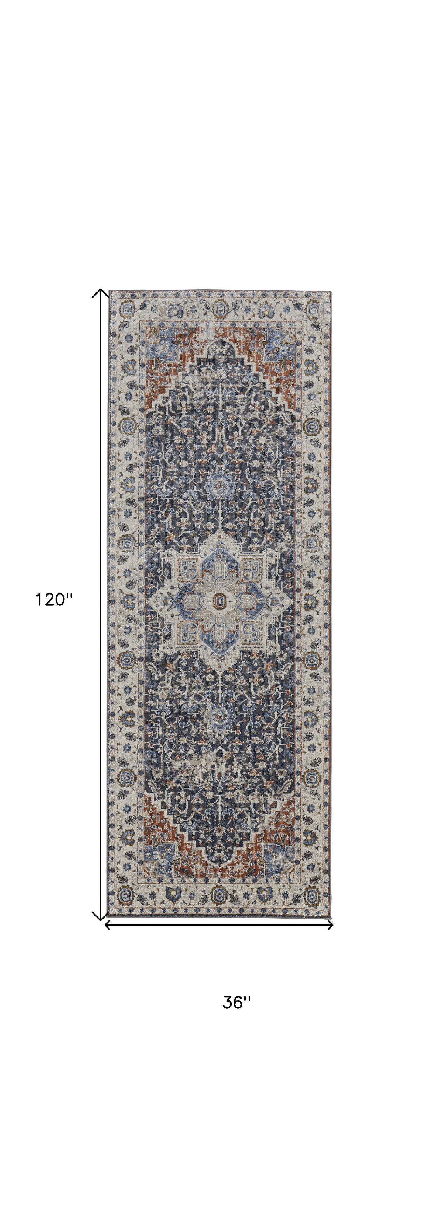 5' X 8' Ivory Blue And Red Floral Power Loom Area Rug With Fringe