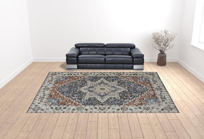 12' X 15' Ivory Charcoal And Blue Oriental Area Rug With Fringe