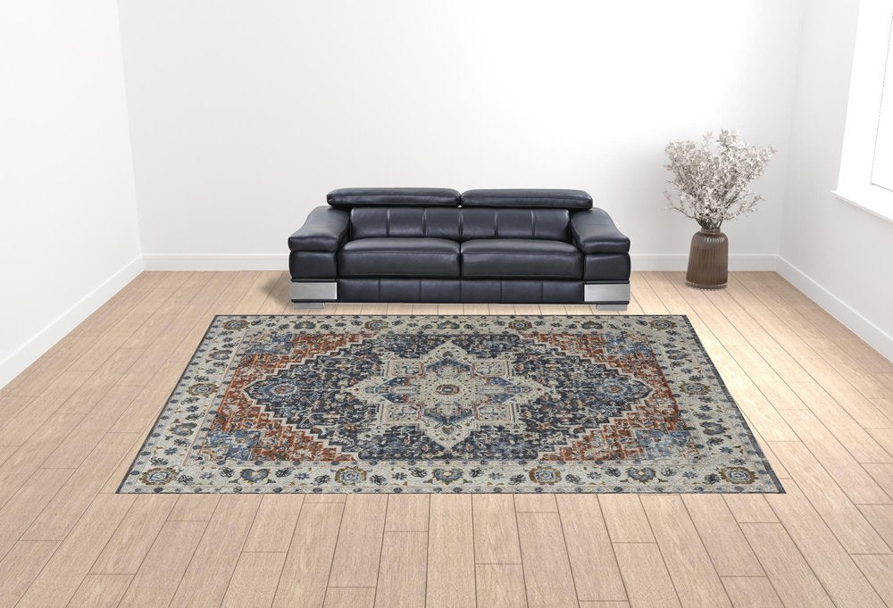 12' X 15' Ivory Charcoal And Blue Oriental Area Rug With Fringe