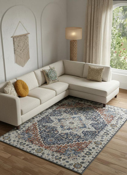 12' X 15' Ivory Charcoal And Blue Oriental Area Rug With Fringe