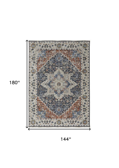 12' X 15' Ivory Charcoal And Blue Oriental Area Rug With Fringe