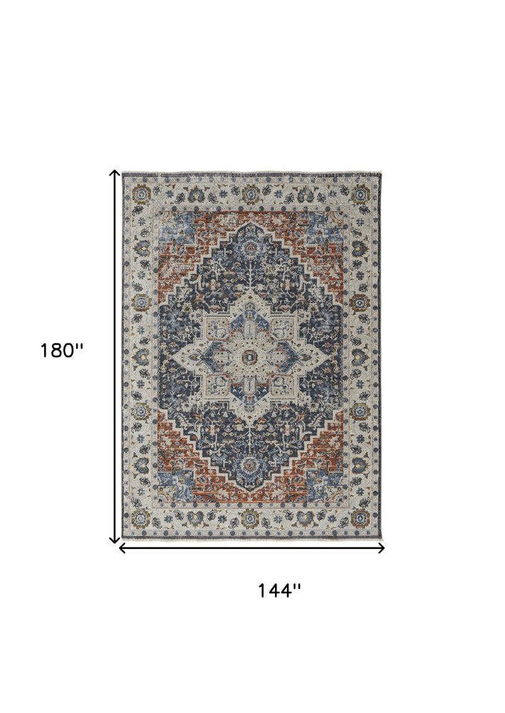 12' X 15' Ivory Charcoal And Blue Oriental Area Rug With Fringe