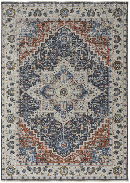 12' X 15' Ivory Charcoal And Blue Oriental Area Rug With Fringe