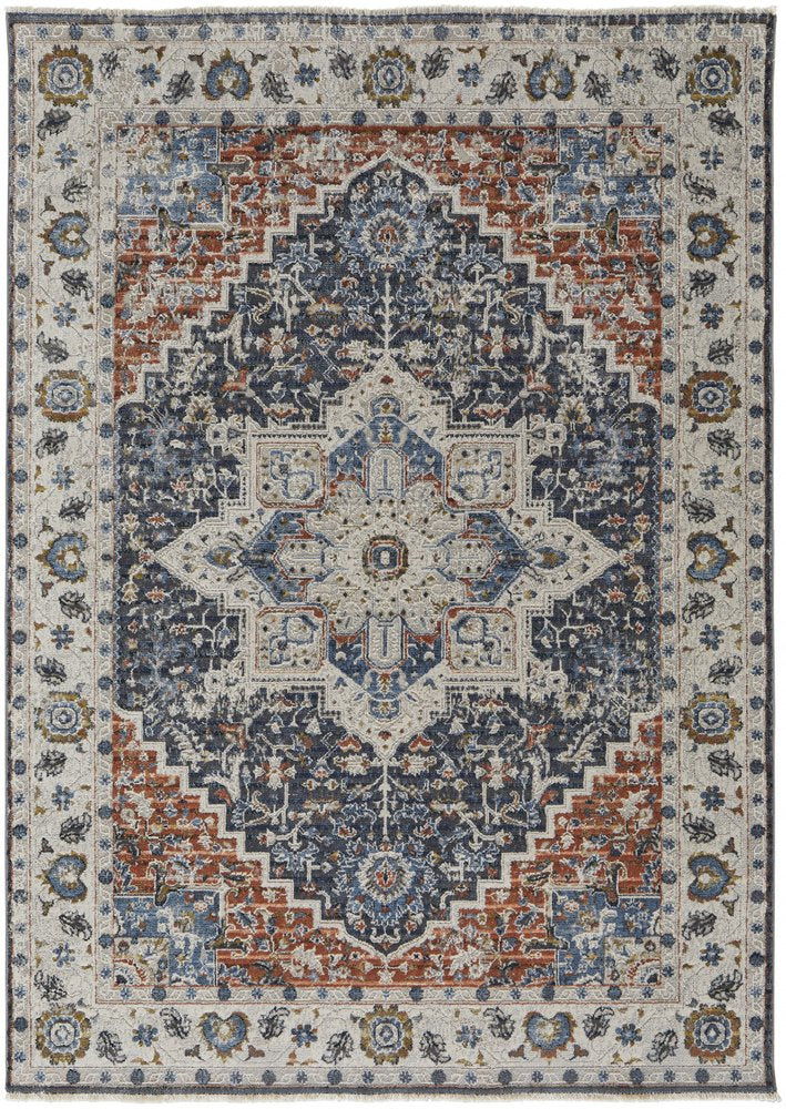 12' X 15' Ivory Charcoal And Blue Oriental Area Rug With Fringe