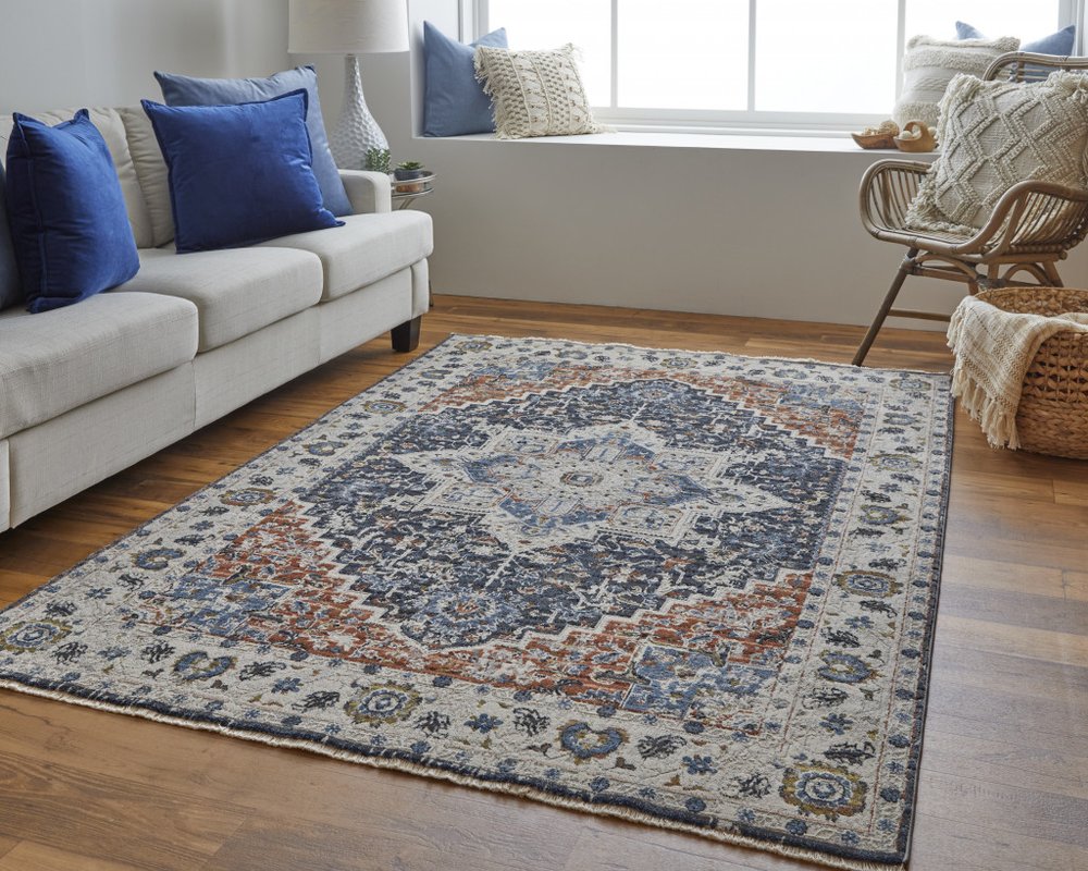 12' X 15' Ivory Charcoal And Blue Oriental Area Rug With Fringe