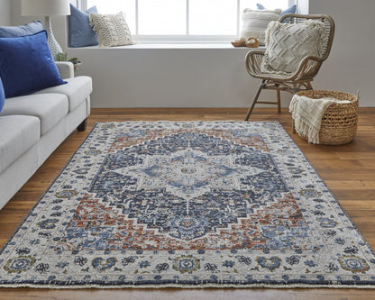 12' X 15' Ivory Charcoal And Blue Oriental Area Rug With Fringe