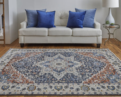 12' X 15' Ivory Charcoal And Blue Oriental Area Rug With Fringe