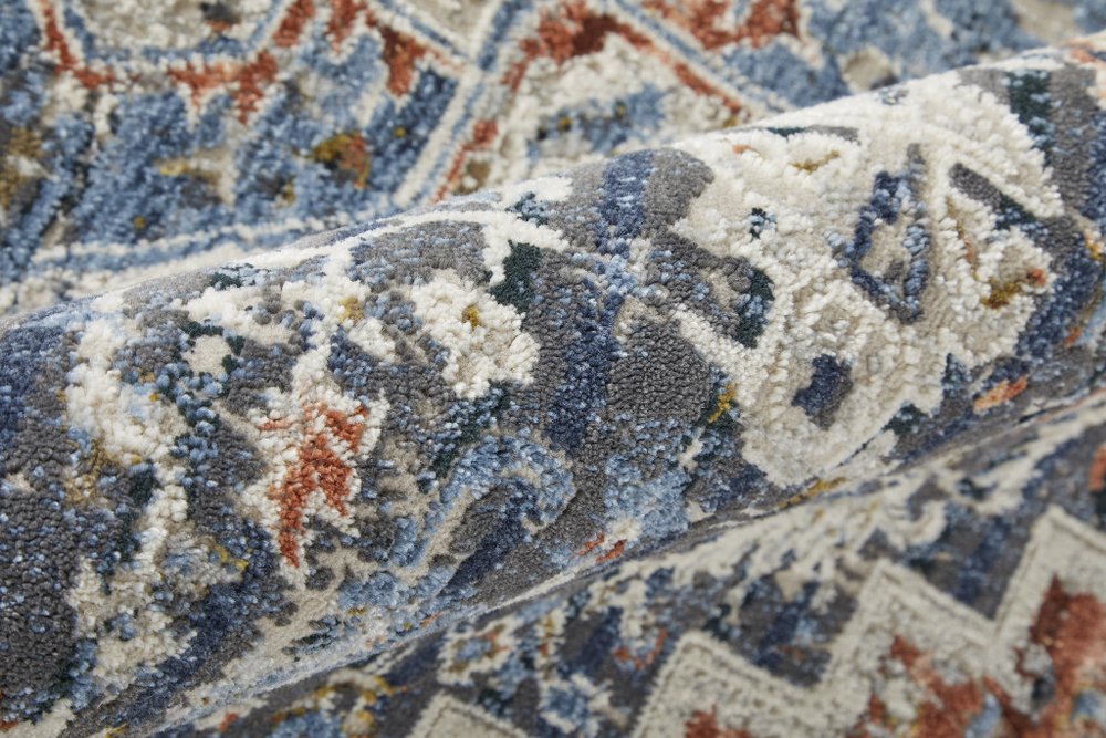 12' X 15' Ivory Charcoal And Blue Oriental Area Rug With Fringe