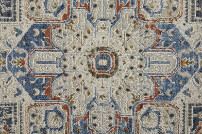12' X 15' Ivory Charcoal And Blue Oriental Area Rug With Fringe
