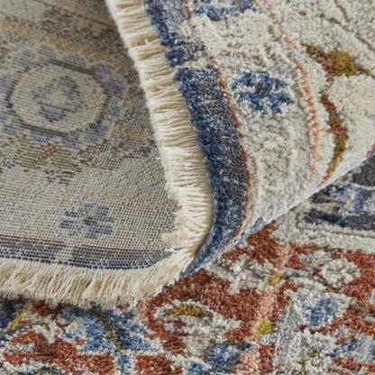 12' X 15' Ivory Charcoal And Blue Oriental Area Rug With Fringe