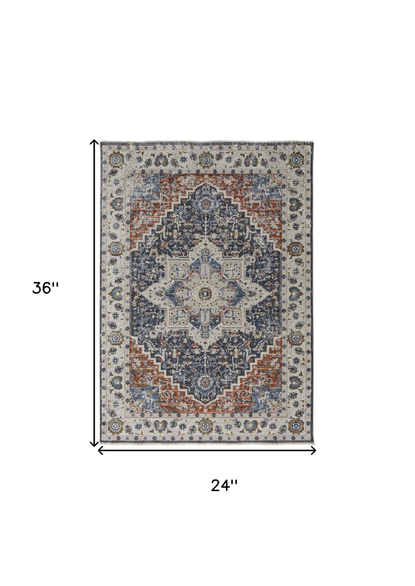 5' X 8' Ivory Blue And Red Floral Power Loom Area Rug With Fringe