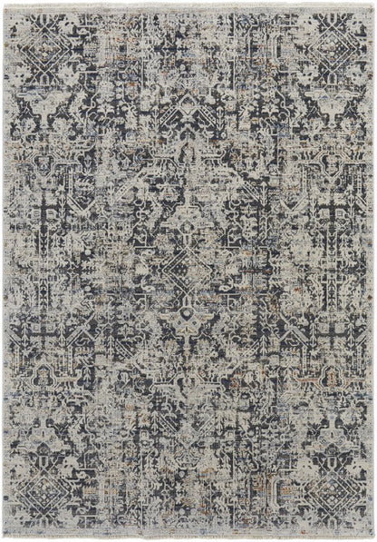 8' X 10' Gray and Ivory Abstract Power Loom Distressed Non Skid Area Rug With Fringe