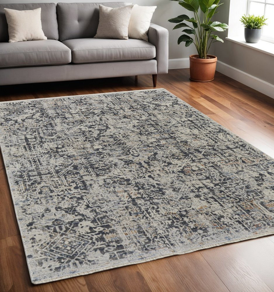 8' X 10' Gray and Ivory Abstract Power Loom Distressed Non Skid Area Rug With Fringe