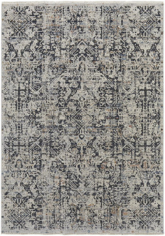8' X 10' Gray and Ivory Abstract Power Loom Distressed Non Skid Area Rug With Fringe