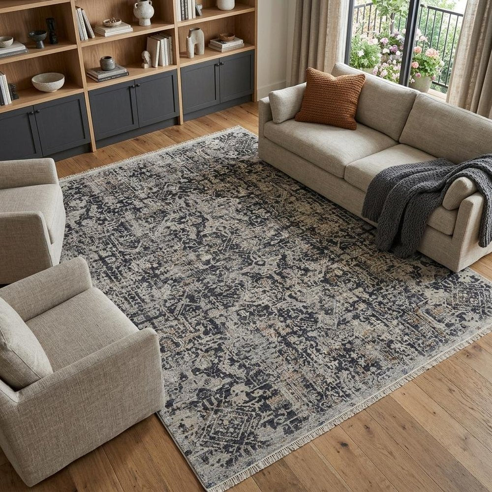 8' X 10' Gray and Ivory Abstract Power Loom Distressed Non Skid Area Rug With Fringe