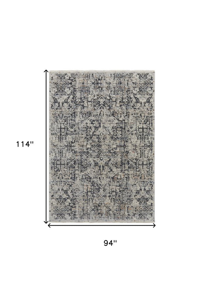 8' X 10' Gray and Ivory Abstract Power Loom Distressed Non Skid Area Rug With Fringe