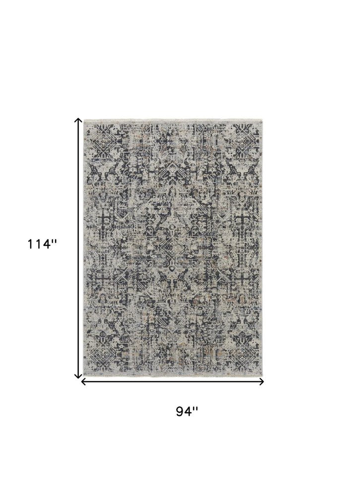 8' X 10' Gray and Ivory Abstract Power Loom Distressed Non Skid Area Rug With Fringe
