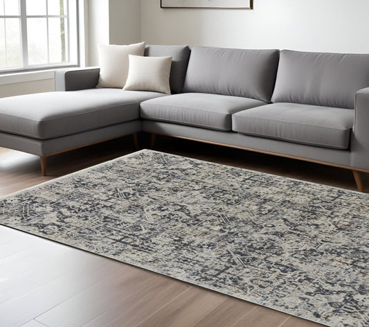 8' X 10' Gray and Ivory Abstract Power Loom Distressed Non Skid Area Rug With Fringe