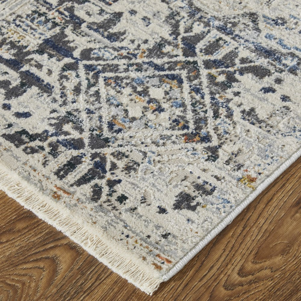 8' X 10' Gray and Ivory Abstract Power Loom Distressed Non Skid Area Rug With Fringe