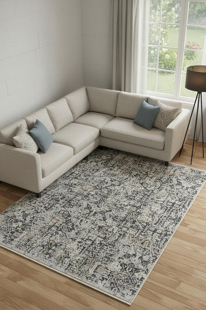 8' X 10' Gray and Ivory Abstract Power Loom Distressed Non Skid Area Rug With Fringe