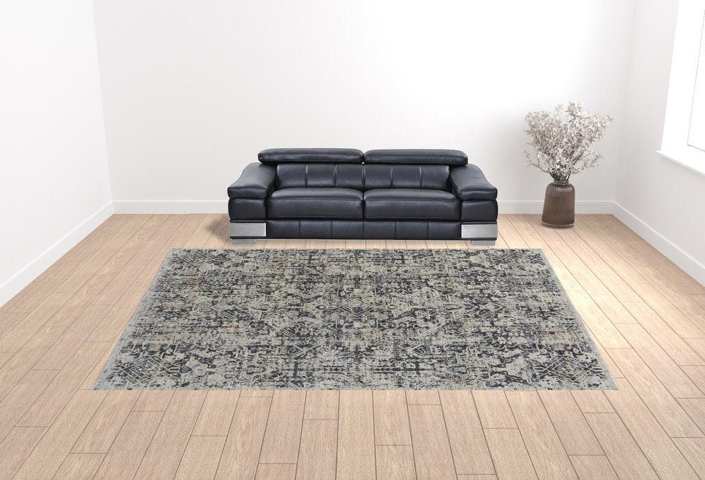 8' X 10' Gray and Ivory Abstract Power Loom Distressed Non Skid Area Rug With Fringe