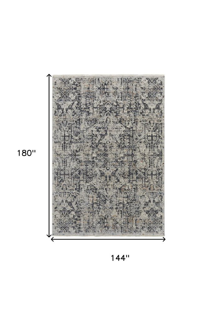 8' X 10' Gray and Ivory Abstract Power Loom Distressed Non Skid Area Rug With Fringe