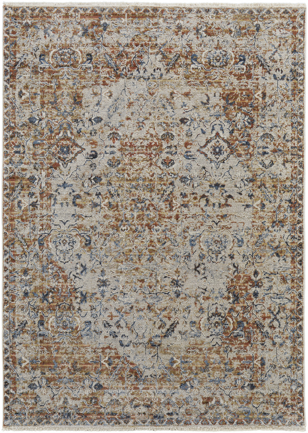 8' X 10' Tan Ivory And Orange Floral Power Loom Area Rug With Fringe