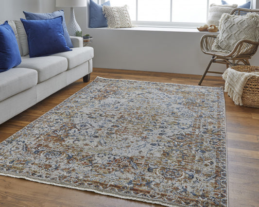 5' X 8' Tan and Ivory Floral Power Loom Non Skid Area Rug With Fringe