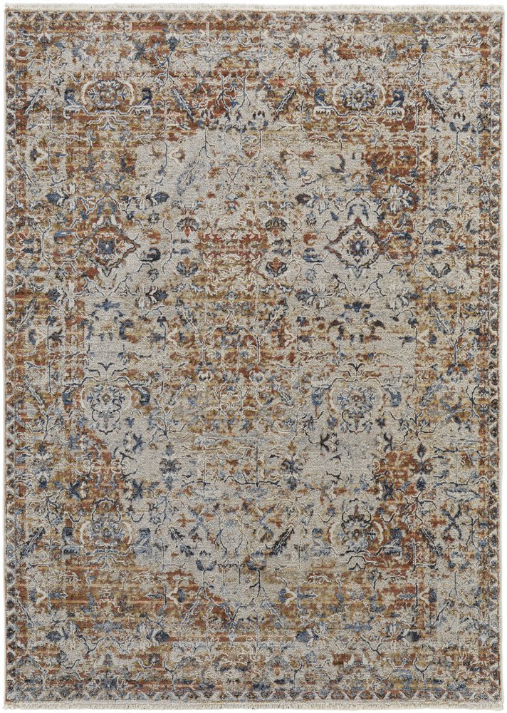 12' X 15' Tan Ivory And Orange Floral Power Loom Area Rug With Fringe