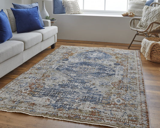 12' X 15' Gray Blue And Burnt Orange Oriental Distressed Area Rug With Fringe