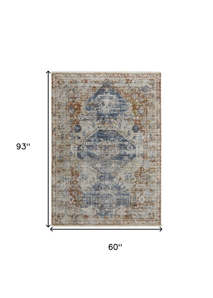 12' X 15' Gray Blue And Burnt Orange Oriental Distressed Area Rug With Fringe