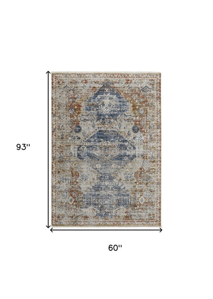 12' X 15' Gray Blue And Burnt Orange Oriental Distressed Area Rug With Fringe