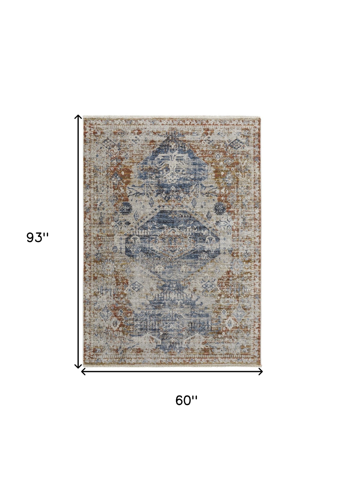 8' X 10' Ivory Orange And Blue Floral Power Loom Distressed Area Rug With Fringe