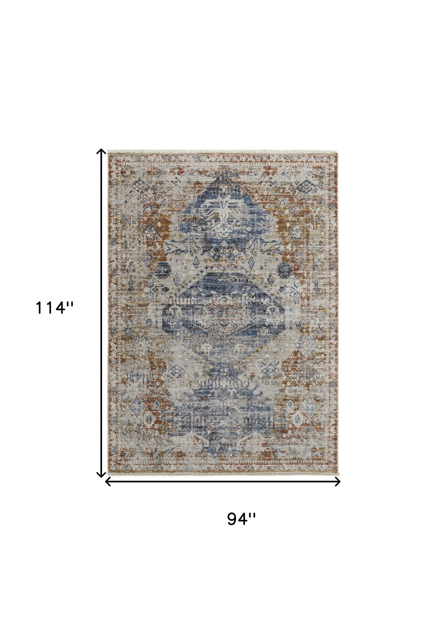 8' X 10' Ivory Orange And Blue Floral Power Loom Distressed Area Rug With Fringe