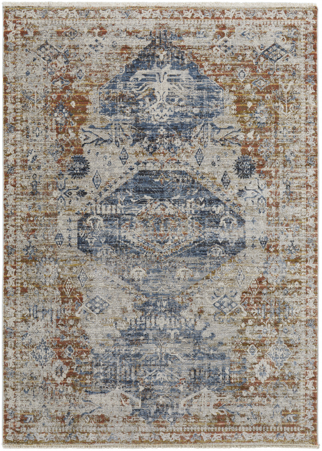 8' X 10' Ivory Orange And Blue Floral Power Loom Distressed Area Rug With Fringe