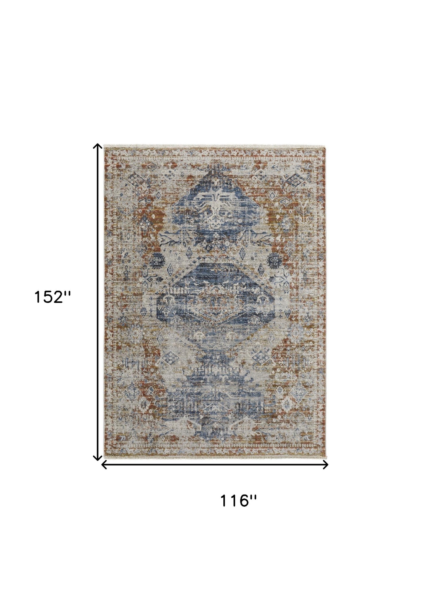 8' X 10' Ivory Orange And Blue Floral Power Loom Distressed Area Rug With Fringe