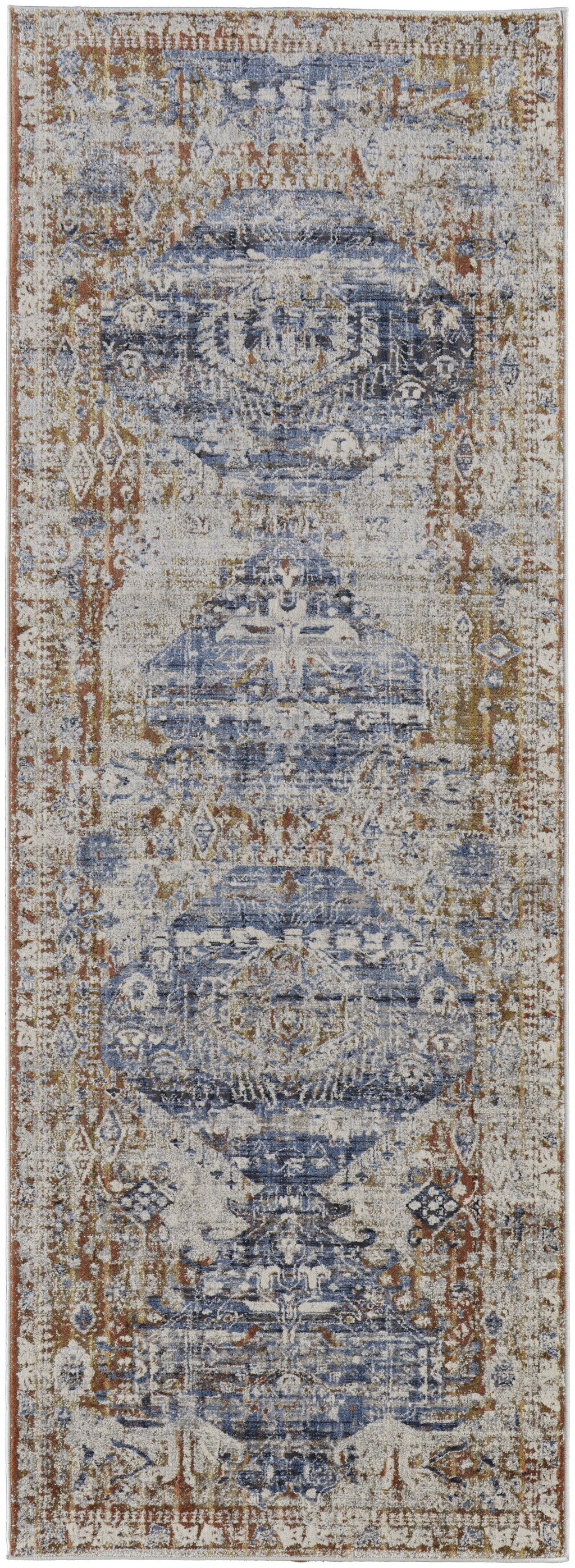 8' X 10' Ivory Orange And Blue Floral Power Loom Distressed Area Rug With Fringe