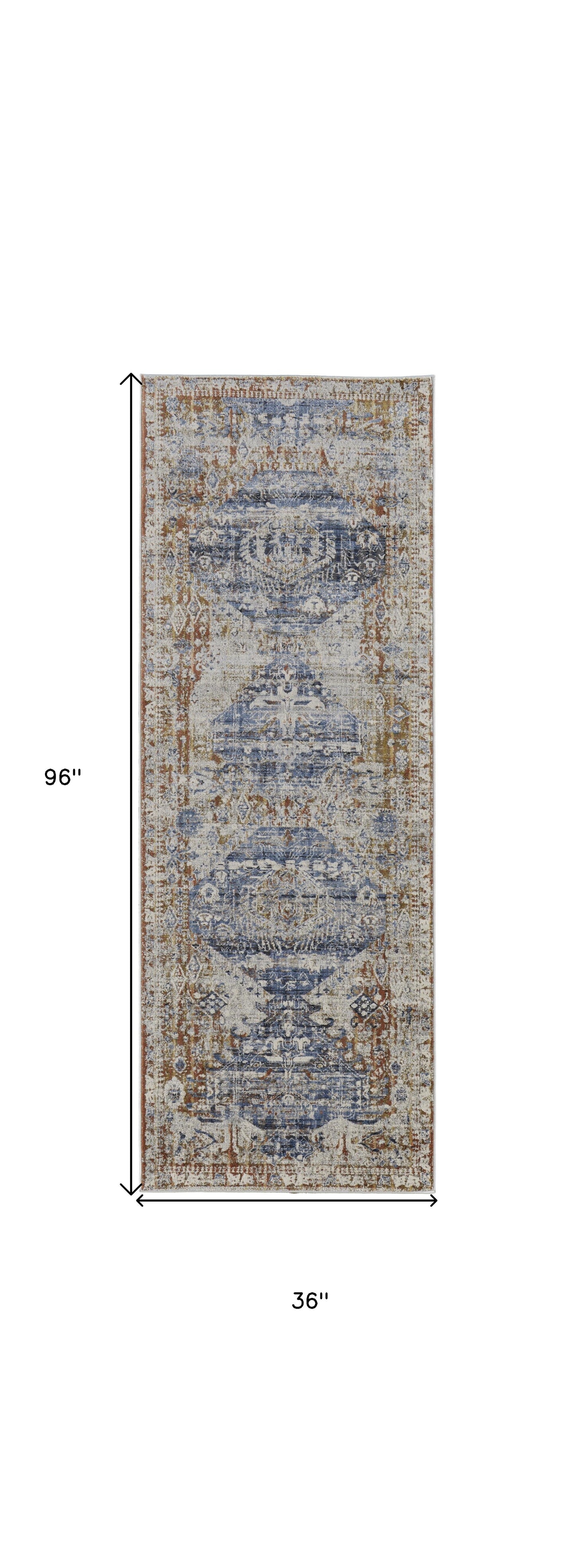 8' X 10' Ivory Orange And Blue Floral Power Loom Distressed Area Rug With Fringe