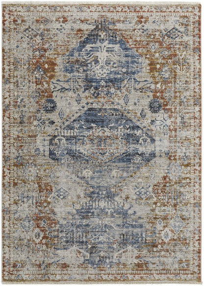 12' X 15' Gray Blue And Burnt Orange Oriental Distressed Area Rug With Fringe