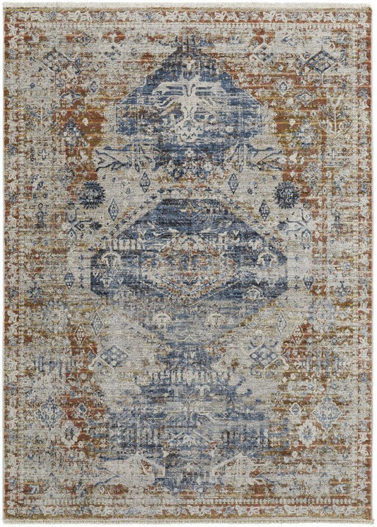 12' X 15' Gray Blue And Burnt Orange Oriental Distressed Area Rug With Fringe