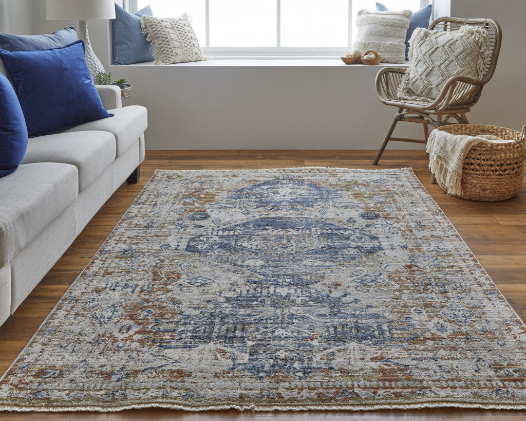 8' X 10' Ivory Orange And Blue Floral Power Loom Distressed Area Rug With Fringe