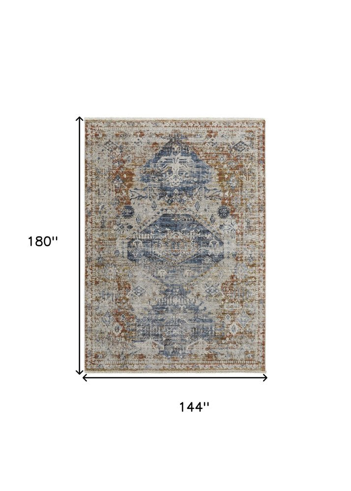 12' X 15' Gray Blue And Burnt Orange Oriental Distressed Area Rug With Fringe