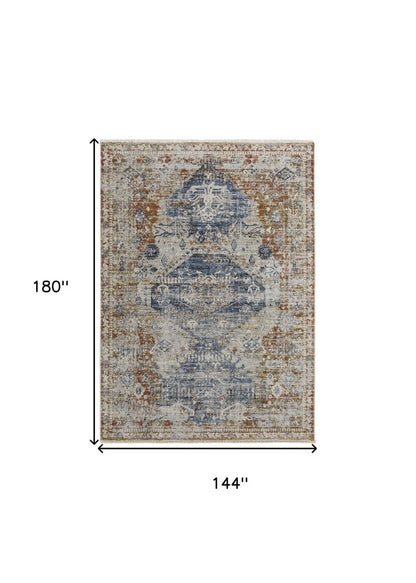 12' X 15' Gray Blue And Burnt Orange Oriental Distressed Area Rug With Fringe