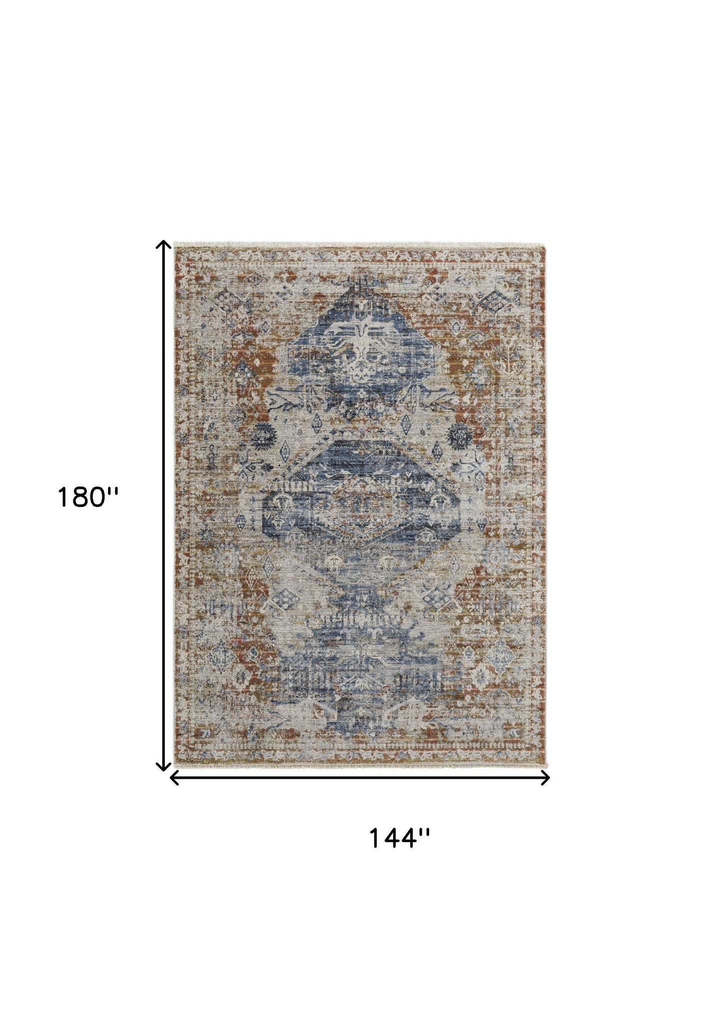 8' X 10' Ivory Orange And Blue Floral Power Loom Distressed Area Rug With Fringe