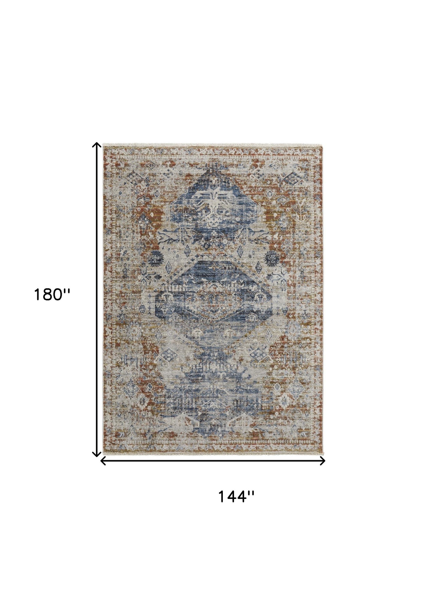 5' X 8' Ivory Orange And Blue Floral Power Loom Distressed Area Rug With Fringe