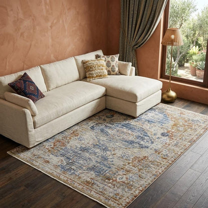 12' X 15' Gray Blue And Burnt Orange Oriental Distressed Area Rug With Fringe