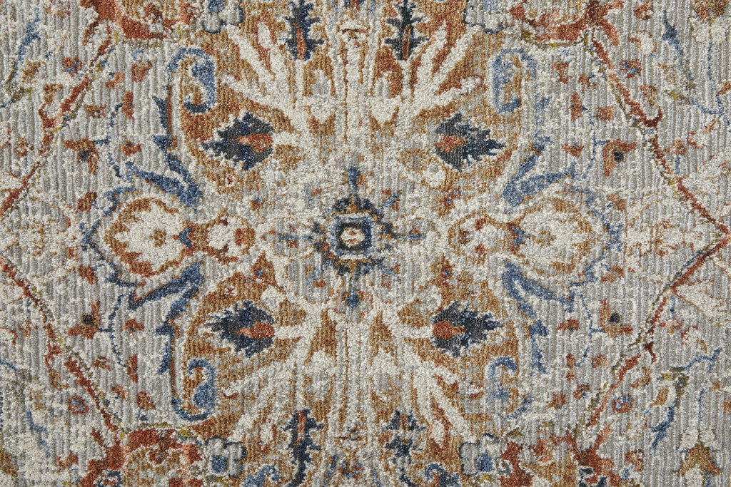 5' X 8' Orange Ivory And Blue Floral Power Loom Area Rug With Fringe