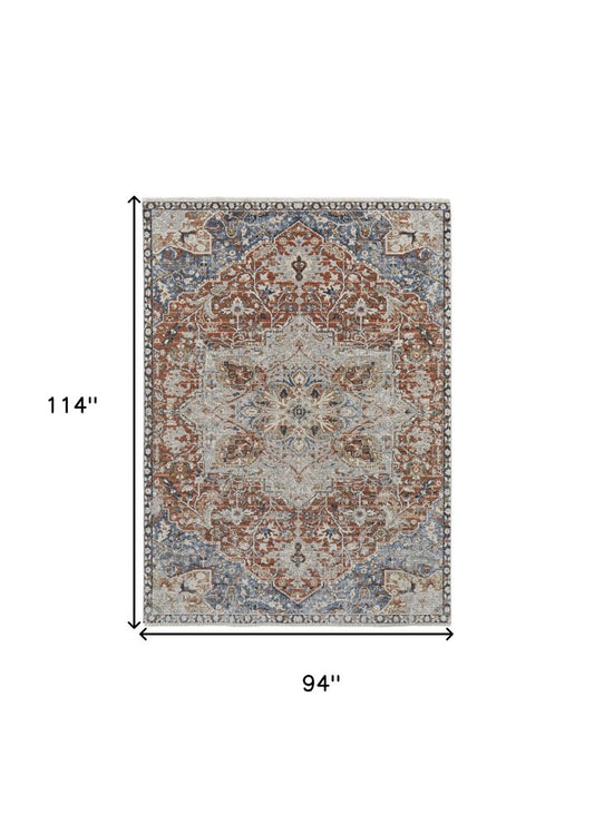 12' X 15' Burnt Orange Ivory And Blue Floral Area Rug With Fringe